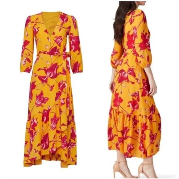 Color Me Courtney Eleanor Floral Print Yellow Wrap Midi Dress Size XS - Picture 2 of 12